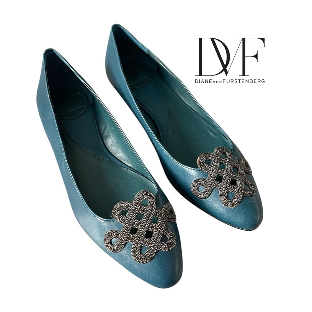 Diane Von Furstenberg Teal ballet Flats w micro chain gunmetal Embellishment 7